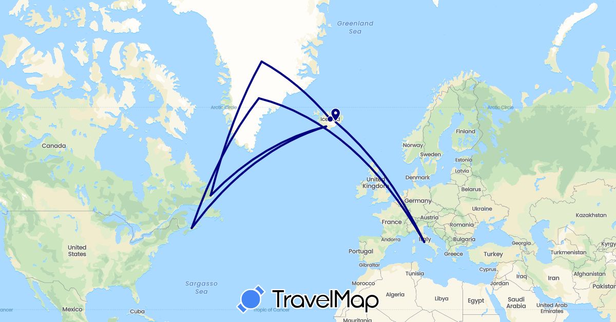 TravelMap itinerary: driving in Canada, Greenland, Iceland, Italy (Europe, North America)